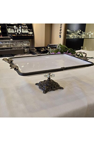 AlyaHomeAksesuar Metal Framed Rectangular Porcelain Serving Plate with Cast Feet 35X26 cm Antique