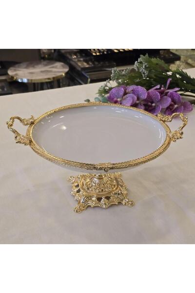 AlyaHomeAksesuar طبق تقديم بورسلين دائري بإطار معدني مقاس 30 سم