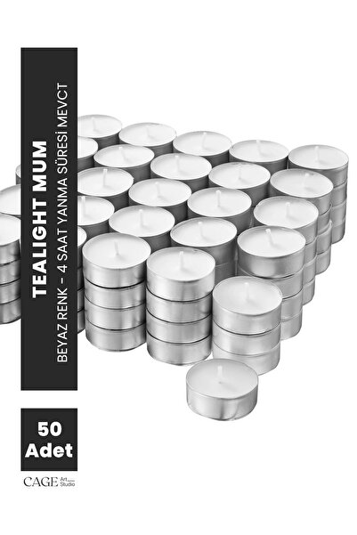 Cageartstudio Beyaz Tealight Mum 50 Adet – 4 Saat Yanma Süresi – Dekoratif, S...
