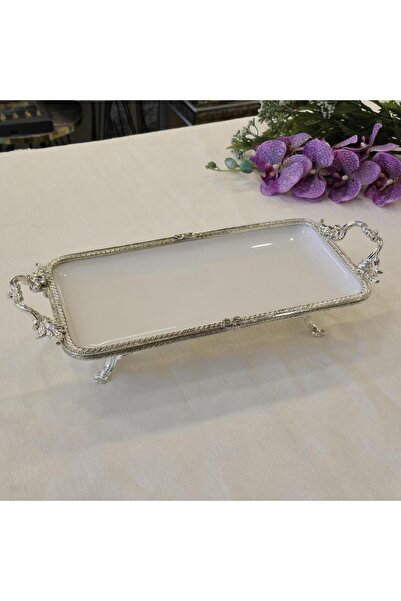 AlyaHomeAksesuar Metal Framed Rectangular Porcelain Serving Plate 30X15 cm Silver