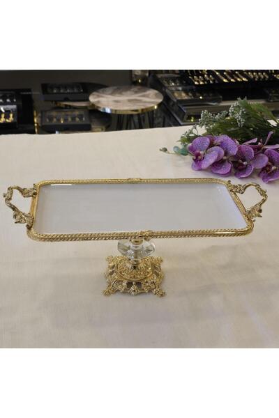 AlyaHomeAksesuar Rectangular Porcelain Serving Plate with Metal Frame and Casting Feet 30X15 cm