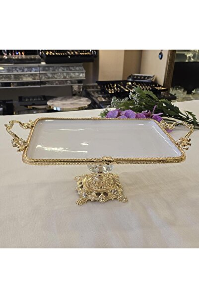 AlyaHomeAksesuar Rectangular Porcelain Serving Plate with Metal Frame and Cast Feet 35X26 cm