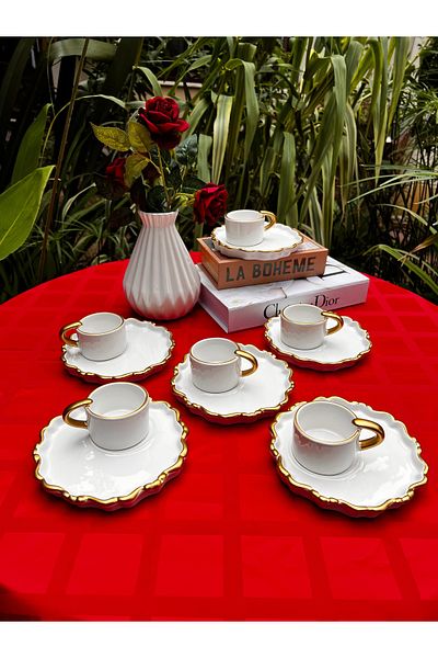 MAMALİZA Gold Gilded Set of 6 Ceramic Coffee Cups 90 Ml. Set of Presentation Coffee Cups.
