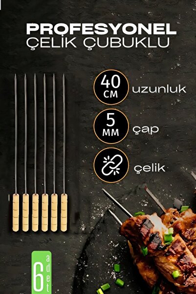 Transformacion Çelik Şiş Çubuğu - Mangal Şişi Ahşap Saplı Kebap Şişi 6 Adet 7...