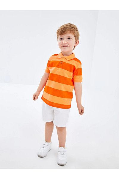 LC Waikiki Lcw Kids Orange Polo Neck Short Sleeve Striped Baby Boy T-Shirt