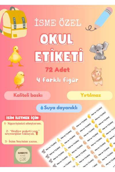 Handeto Kraft 72 Adet Hayvan Temalı Kişiye Özel Okul Etiketi İsim Yazılabilen...