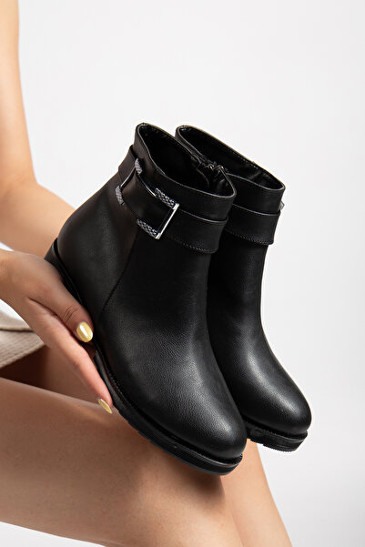 Hale Shoes Siyah Cilt Kadın Tokalı Fermuarlı Rahat Kışlık Bot Kaymaz Taban H012