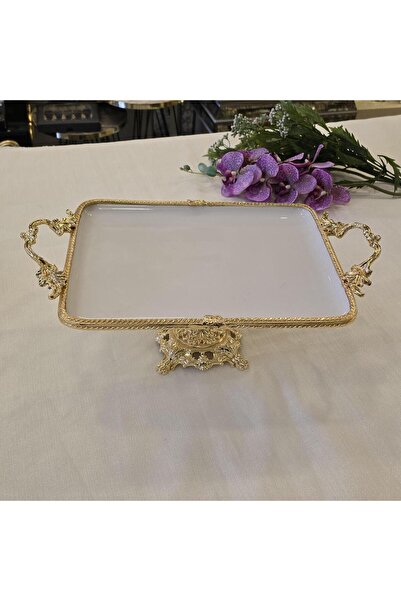 AlyaHomeAksesuar Rectangular Porcelain Serving Plate with Metal Frame and Cast Feet 35X26 cm