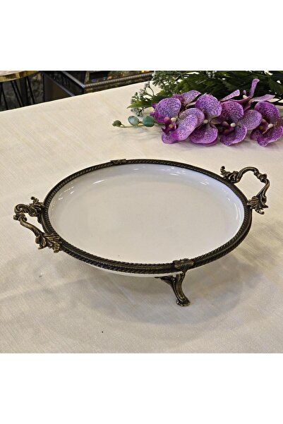 alya home aksesuar Metal Framed Round Porcelain Serving Plate 30 cm Antique