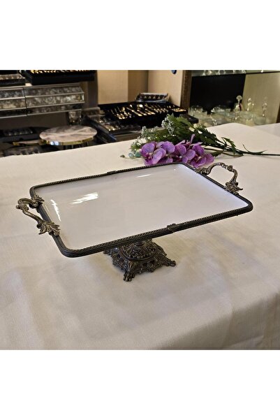 AlyaHomeAksesuar Metal Framed Rectangular Porcelain Serving Plate with Cast Feet 35X26 cm Antique