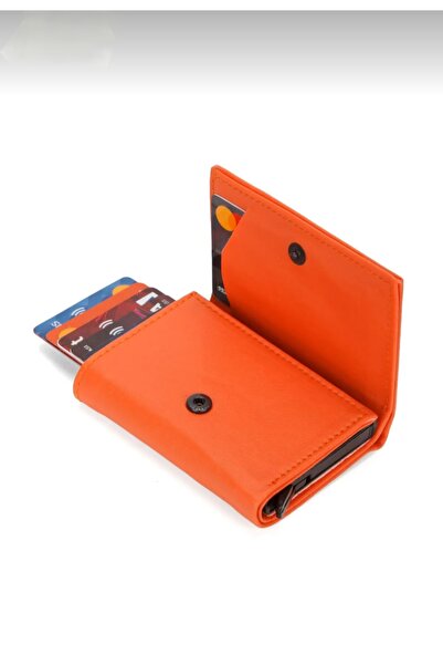 ENGIN Unisex Orange Vegan Faux Leather Wallet Card Holder with Coin Compartment and Slide Mechanism