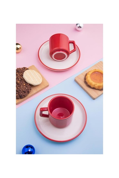 Home Keramika 2 Kişilik 4 Parça Kırmızı Kahve Fincan Takımı 100Ml