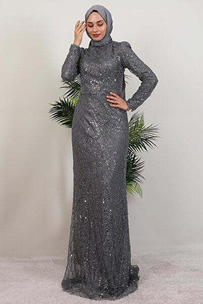 GİYZAMİLA Liona Kalem Abiye Koyu Gri