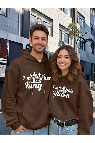 macklin Dear Couple Combination King Quenn Design Hooded Brown 3-Thread Sweatshirt Set of 2