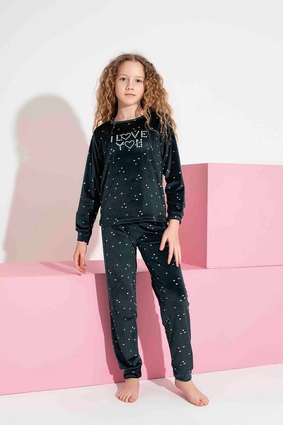 Mine style Children's Velvet-Khaki Heart Patterned I Lavo Yuo Injection Printed Winter French Velvet Pajamas Set