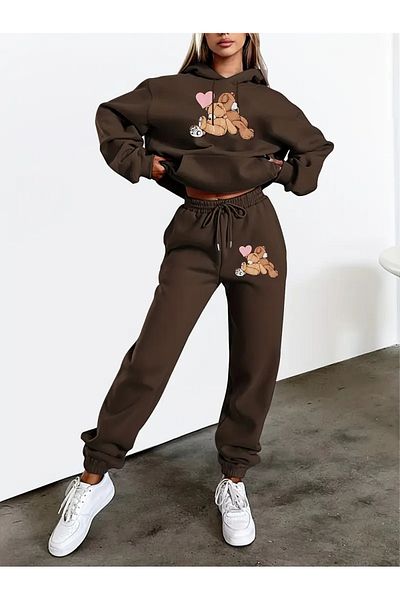 macklin Unisex Men's Women's Cute Bear Printed Oversize 3 Thread Hooded Tracksuit Set