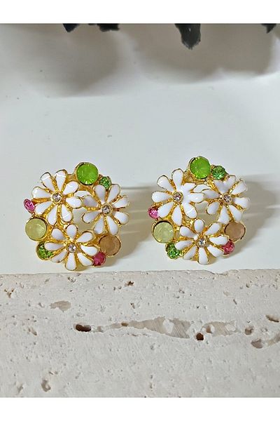 mos&more White Enamel Gold Daisy Earrings