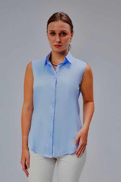 FARQIN Light Blue Cotton Satin Lycra Zero Sleeve Blue-White Stripe Fabric Detail Slim Fit Women's Shirt