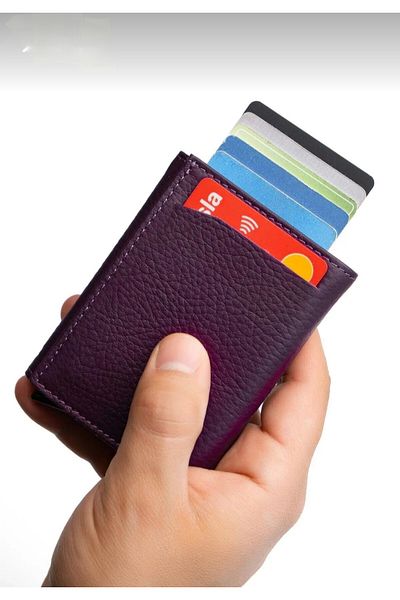 ENGIN Unisex Purple Vegan Faux Leather Wallet Card Holder with Coin Compartment and Slide Mechanism