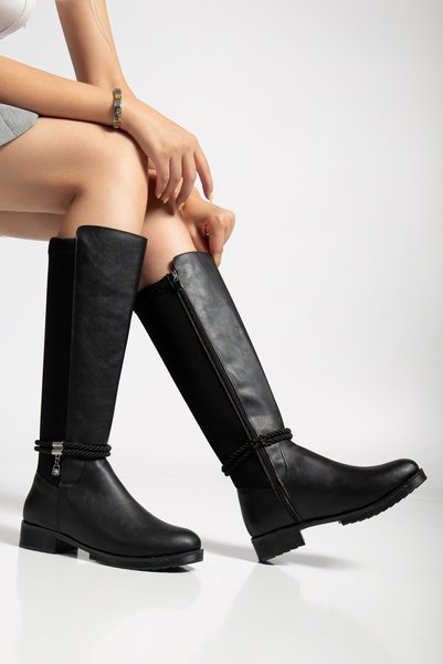 Hale Shoes Women's Black Rope Diving Fabric Knee High Boots