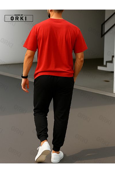 EFFRENATU Power Fit – Oversize Red T-Shirt & Black Pants Jogger Tracksuit Set