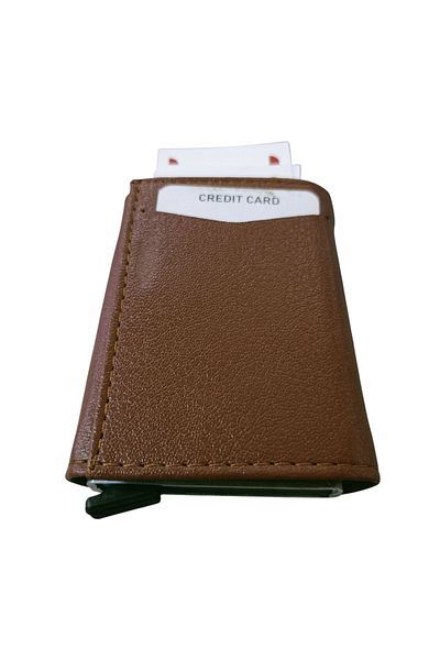ENGIN Unisex Brown Vegan Faux Leather Wallet Card Holder with Coin Compartment and Slide Mechanism