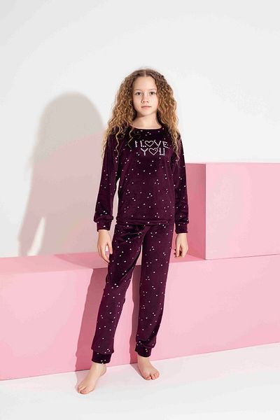 Mine style Velvet-Children's Burgundy Heart Patterned I Lavo Yuo Injection Printed Winter French Velvet Pajamas Set