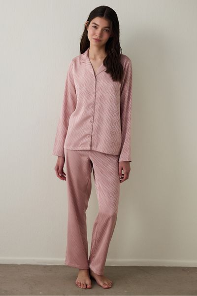 Penti Dusty Rose Emma Shirt Collar Long Sleeve Satin Pajama Set