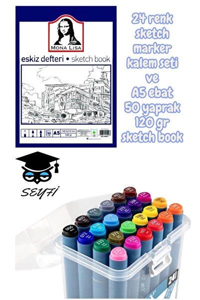 SEYFİKİRTASİYE A5 ebat 50 yaprak 120 gr sketch book ve 24 renk sketch marker ...