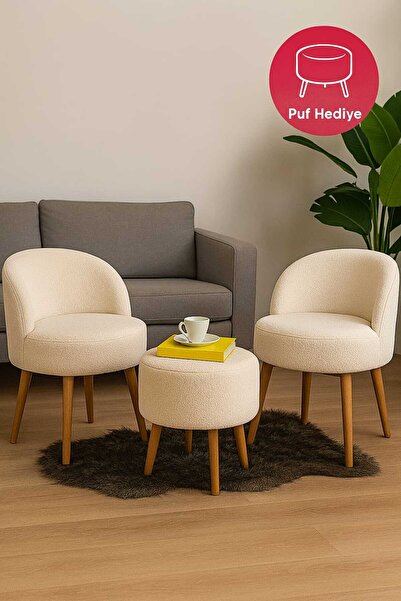 PUFMANYA ROMEO 3 LÜ ÇAY SETİ (2 ADET KOLTUK + 1 ADET PUF) GÜRGEN AYAKLI PUF TAKIMI BERJER KOLTUK BALKON SETİ