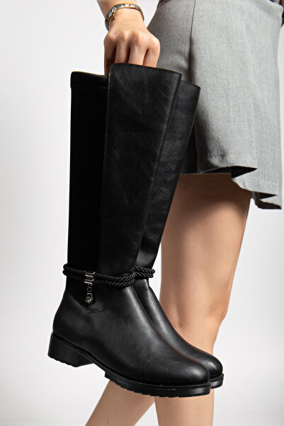 Hale Shoes Kadın Siyah Halatlı Dalgıç Kumaş Dizaltı Çizme