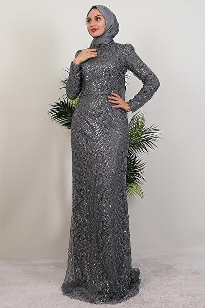 GİYZAMİLA Liona Kalem Abiye Koyu Gri