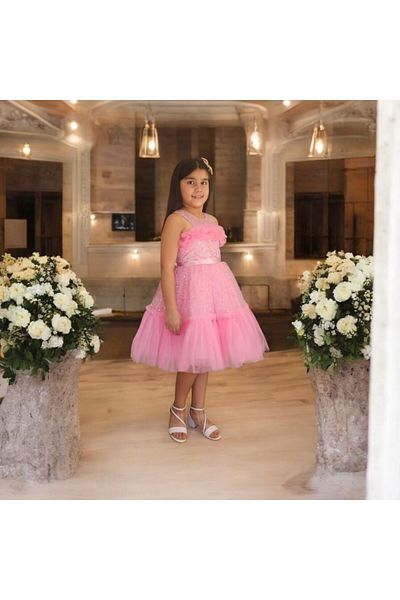 Ahsenimbebe Bust Ruffle Paillettes Short Girl's Evening Dress