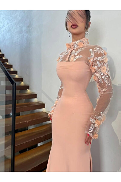 Nice Model فستان سهرة أنيق باللون الخوخي حورية البحر بأكمام طويلة مطرز بالورود فستان رسمي لحفلات الزفاف