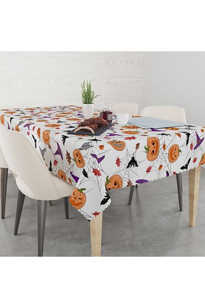 yok yok evim eve dair her şey Halloween Themed Pumpkin Patterned Linen Effect Worry-Free Tablecloth