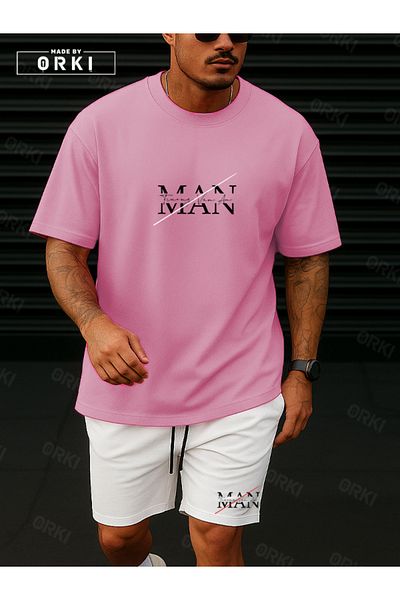 EFFRENATU Man Printed – Oversize Men's Pink T-Shirt & White Shorts Set