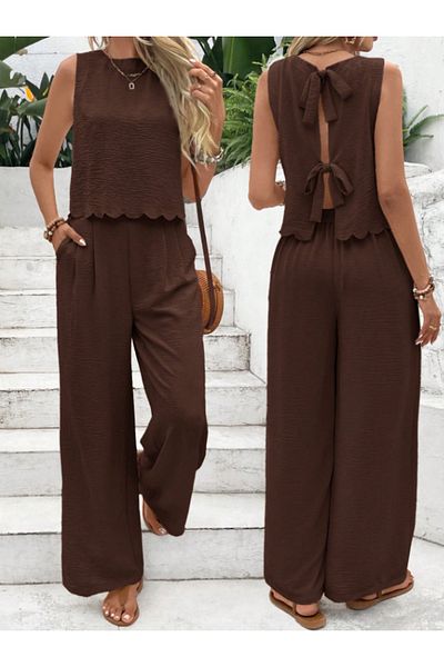 Arfami Bottom Top Set Back Detailed Comfortable Fit Elastic Waist Blouse Pants Set