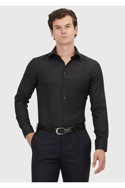 Ramsey Black Plain Slim Fit Woven Classic Cotton Blended Shirt