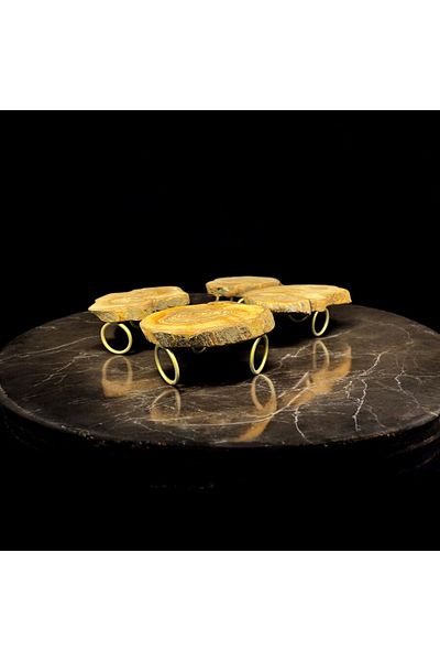 Home Olive Tree Coffee Presentation Plate Set of 4 - Natural Wooden Coaster Tray with Gold Legs