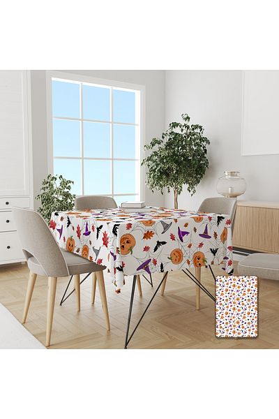 yok yok evim eve dair her şey Halloween Themed Pumpkin Patterned Linen Effect Worry-Free Tablecloth