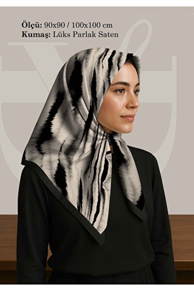 DESENİX وشاح منقوش باللونين الأبيض والأسود |   90x90 - 100x100 سم |   قماش ال...