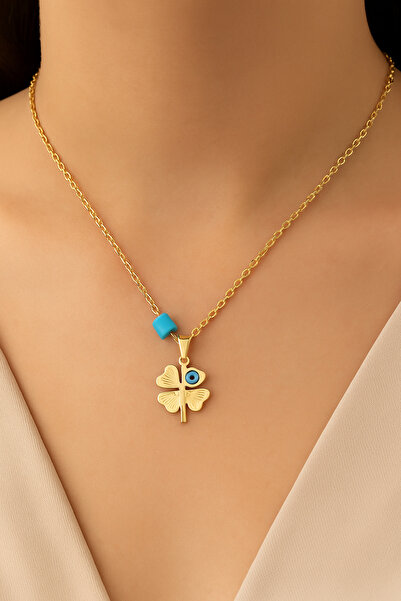 Femenino Gold Altın Kaplama Nazar Boncuklu Yonca Charm Kolye