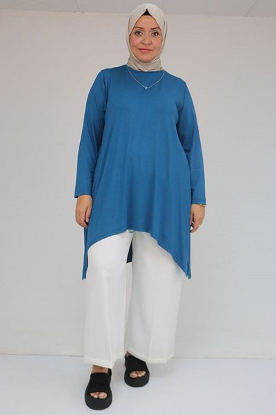 Eslina 58070 Large Size Asymmetric Cut Combed Cotton Tunic - Petrol