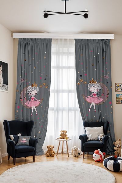 EVPANYA Princess Patterned Children's Baby Room Background Curtain on Gray (Single Wing Pricing)