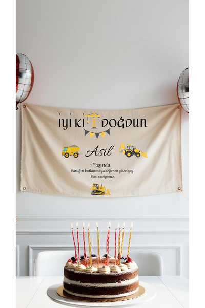 Puppetzzz İsme Özel İş Makinası Konseptli Doğum günü Duvar Halısı Flaması