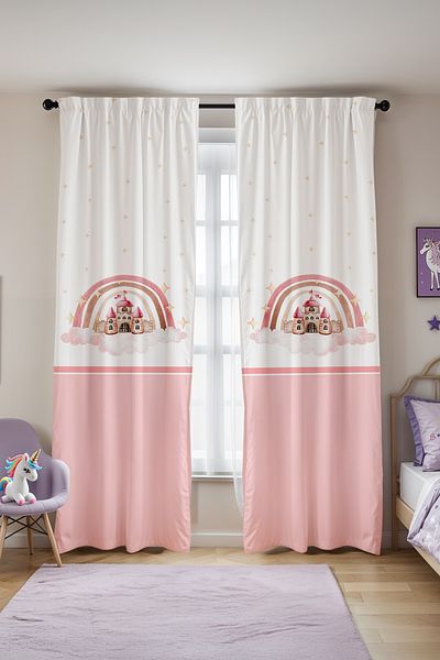 EVPANYA Pink Rainbow Castle Patterned Children's Baby Room Background Curtain (Single Wing Pricing)
