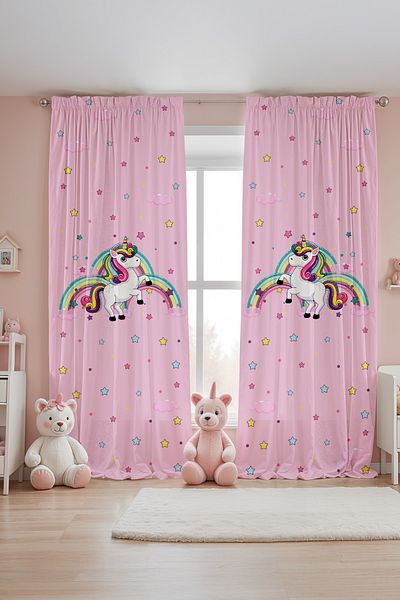 EVPANYA Pink Unicorn Patterned Children's Baby Room Background Curtain (Single Wing Pricing)