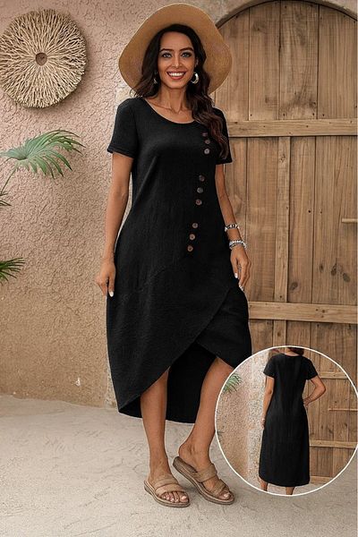 leyla sanat sanata yeni bir bakış açısı Leyla Sanat Sanata a New Perspective Women's Short Sleeve Crew Neck Button Detail Muslim Dress