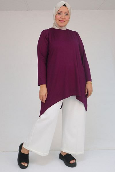 Eslina 58070 Large Size Asymmetric Cut Combed Cotton Tunic - Plum