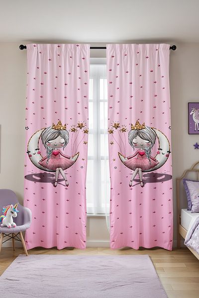 EVPANYA 3B Pink Princess on the Moon Patterned Children's Baby Room Background Curtain (Single Wing Pricing)